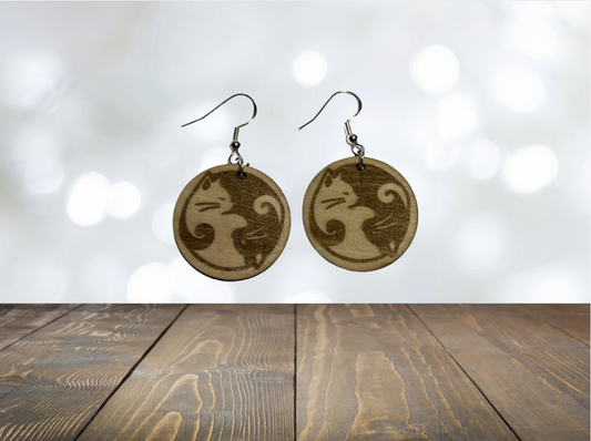 Ying and Yang Cat Wooden Earrings